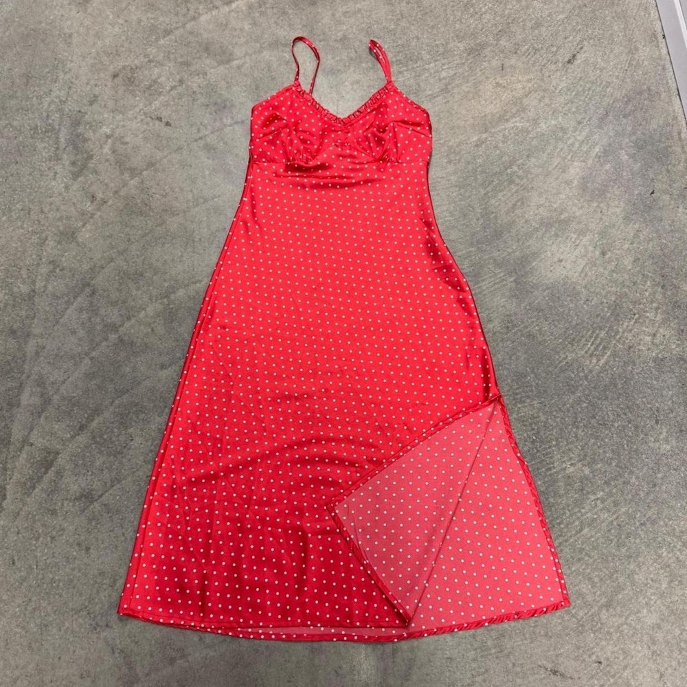 Women's XS Red White Polka Dot Satin Maxi Slip Dress Side Slit Y2K